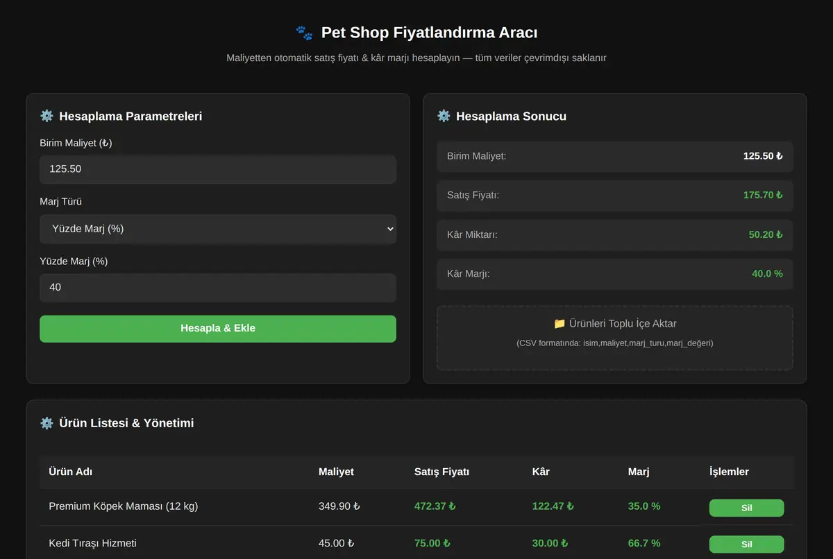 Pet Shop Fiyatlandırma Aracı ekran görüntüsü 2