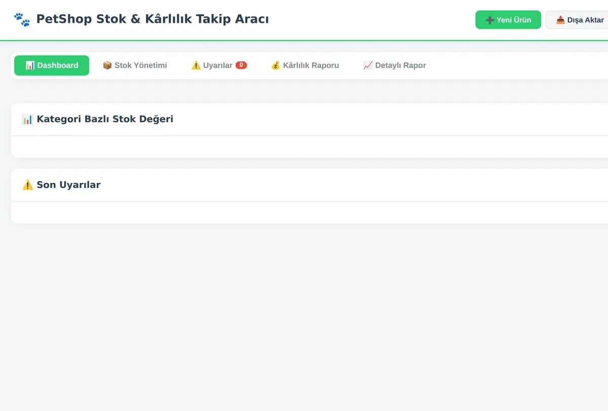 PetShop Stok & Kârlılık Takip Aracı ekran görüntüsü