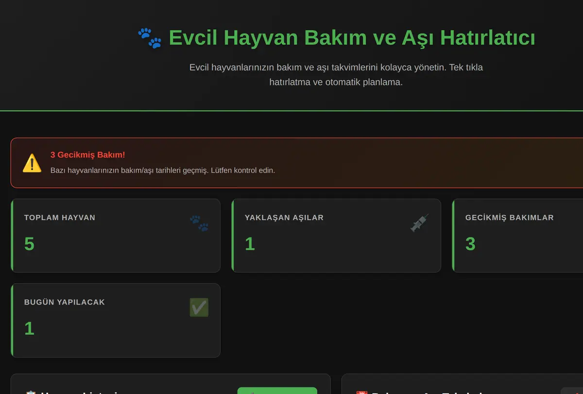 Evcil Hayvan Bakım ve Aşı Hatırlatıcı ekran görüntüsü