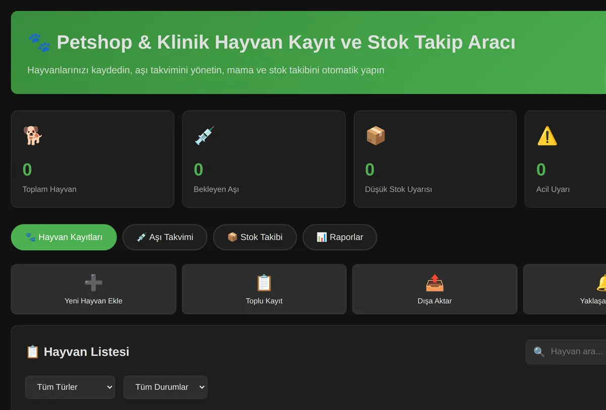Petshop & Klinik Hayvan Kayıt ve Stok Takip Aracı ekran görüntüsü