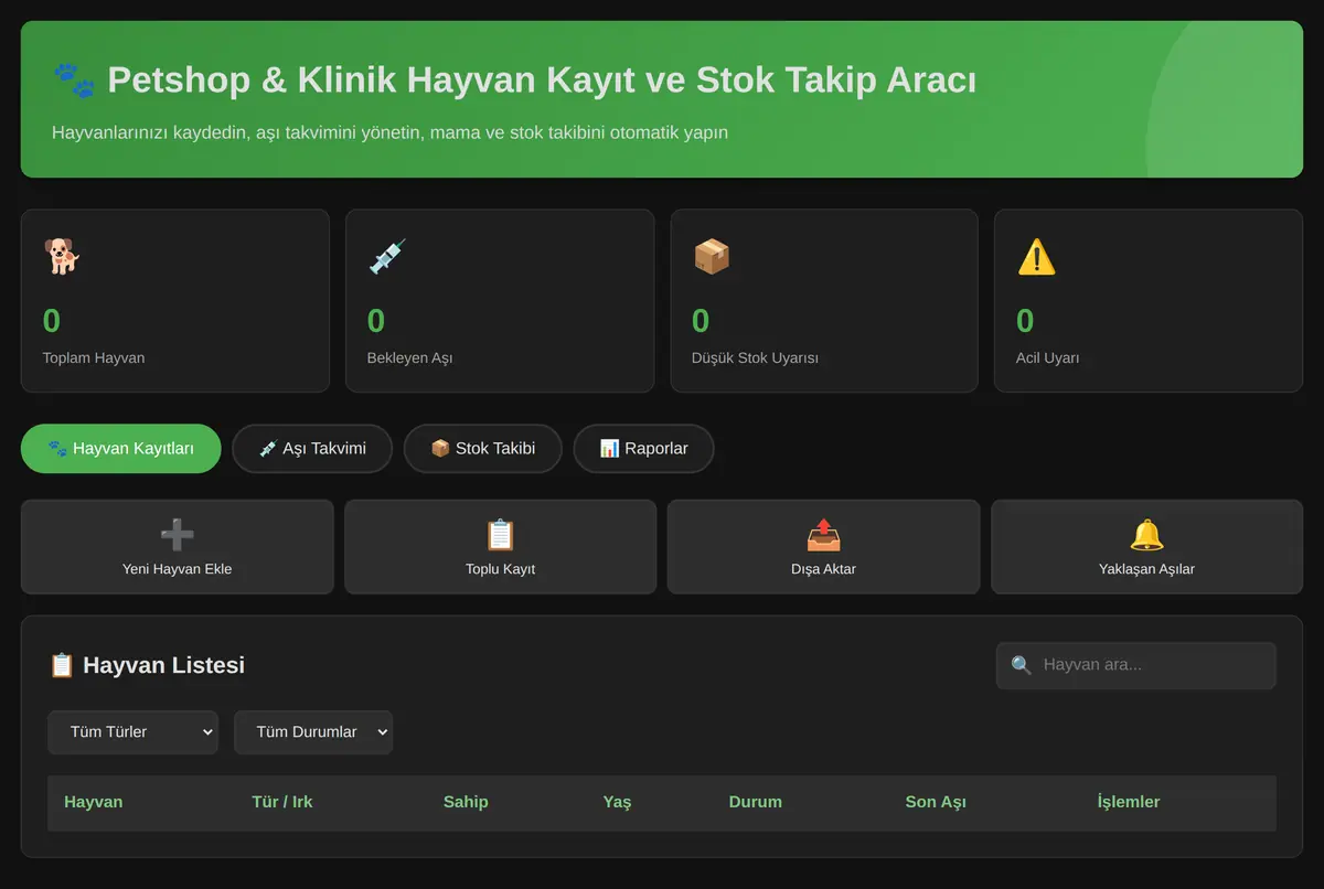 Petshop & Klinik Hayvan Kayıt ve Stok Takip Aracı ekran görüntüsü 2