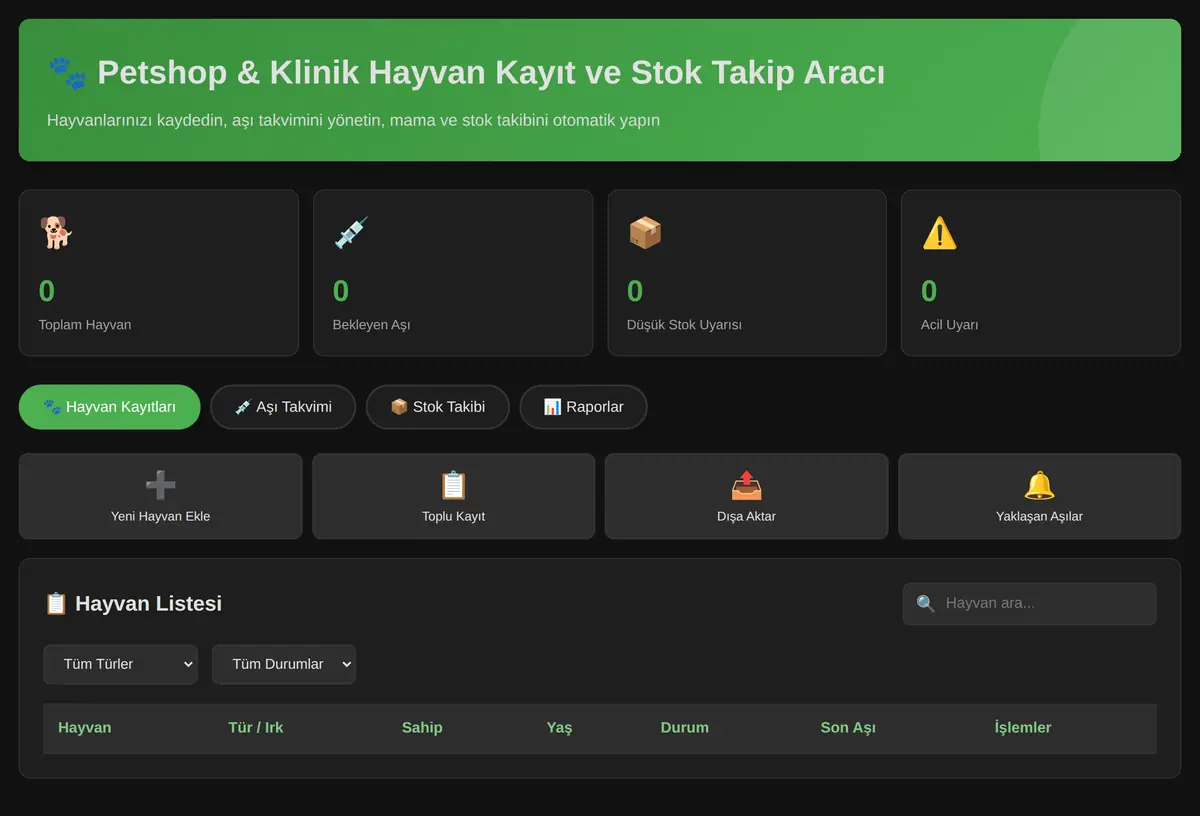 Petshop & Klinik Hayvan Kayıt ve Stok Takip Aracı ekran görüntüsü 3