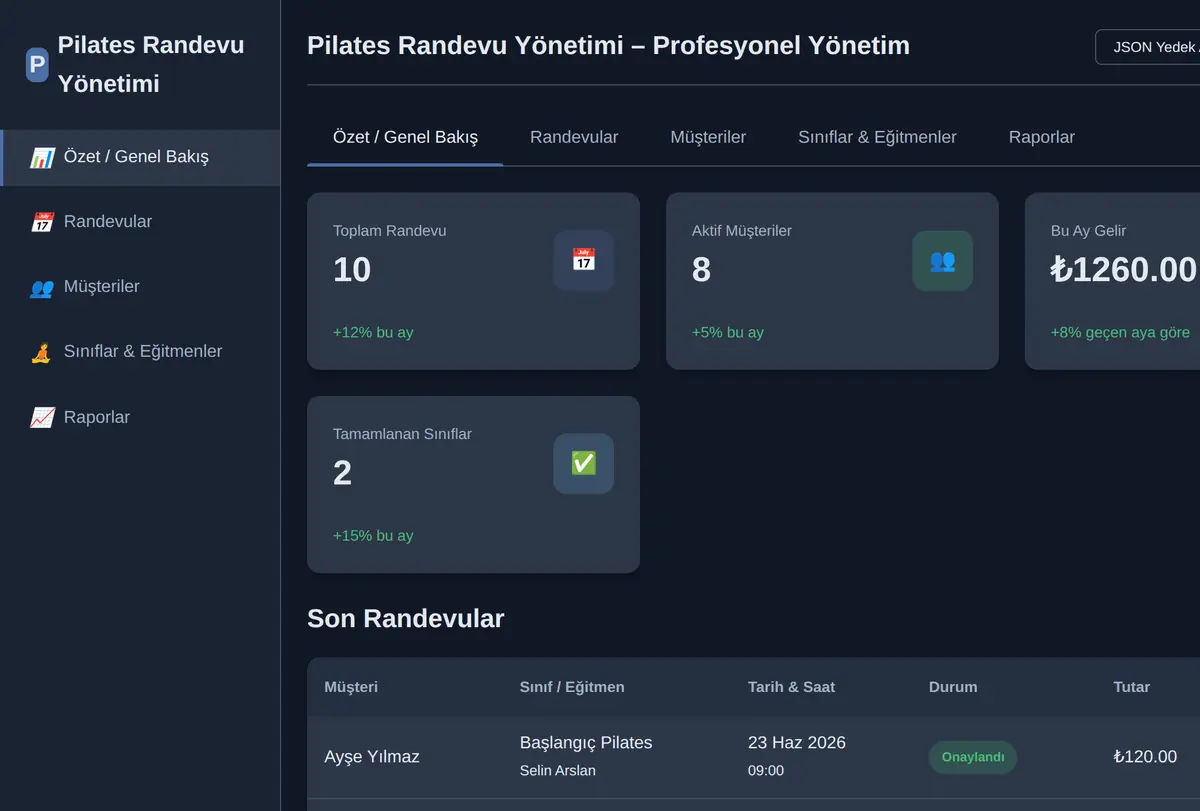 Pilates Randevu Yönetimi - Profesyonel Yönetim ekran görüntüsü