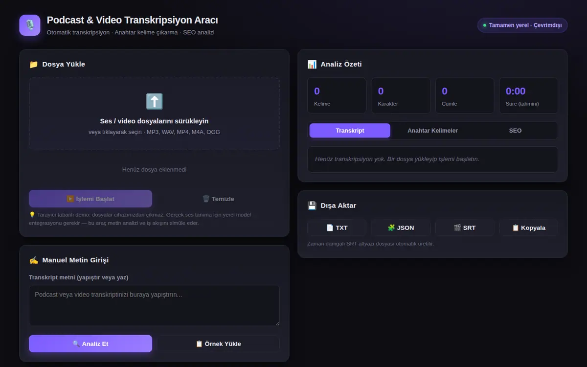 Podcast & Video Transkripsiyon Aracı ekran görüntüsü