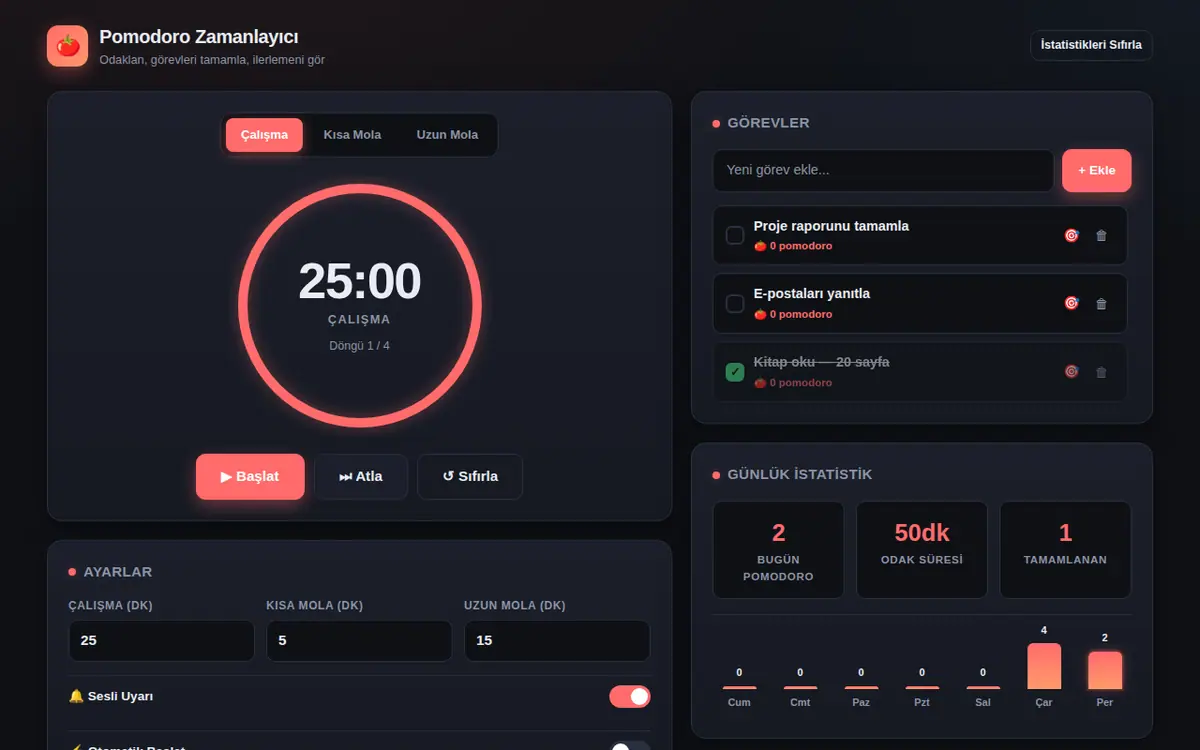 Pomodoro Zamanlayıcı ve Görev Planlayıcı ekran görüntüsü