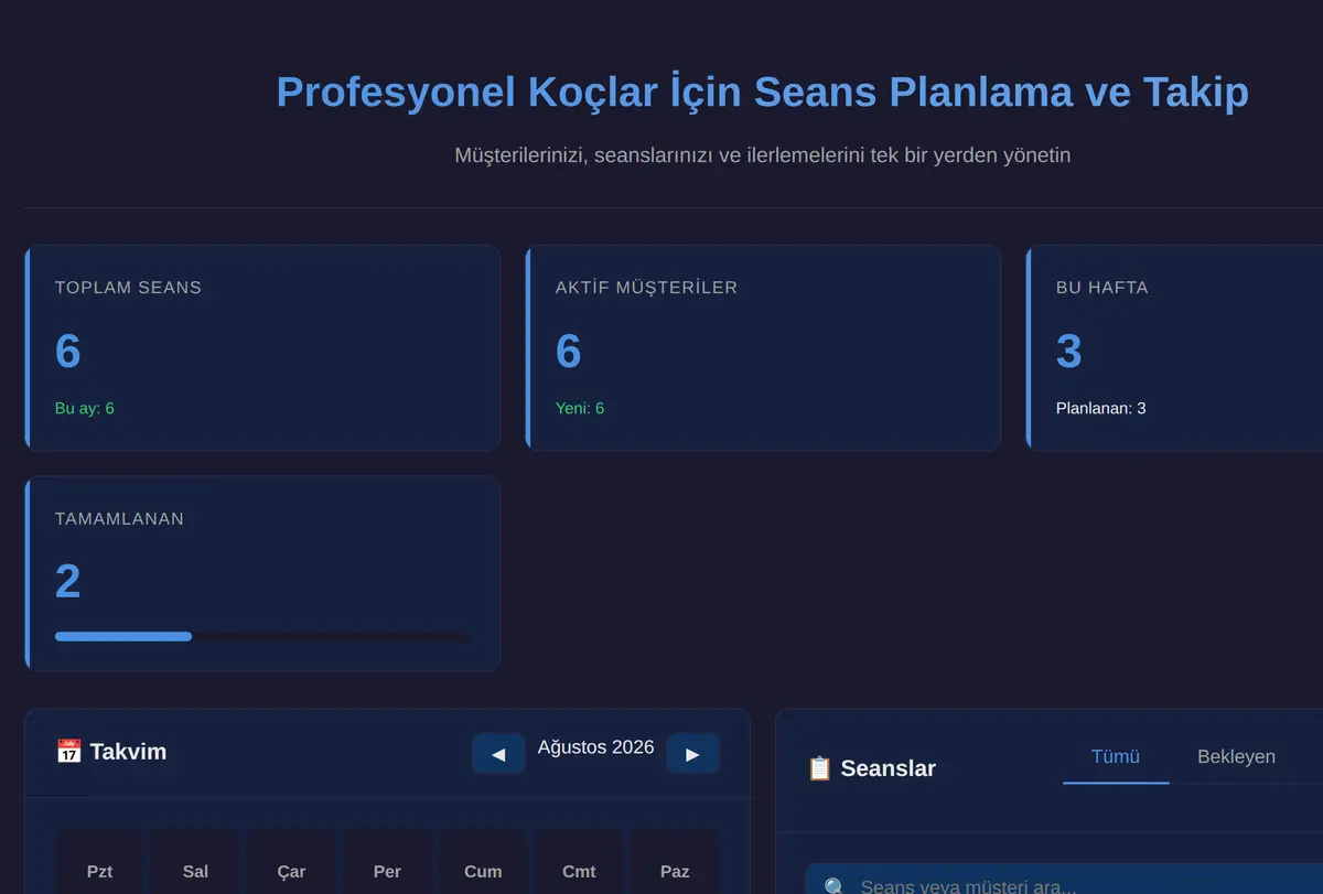 Profesyonel Koçlar İçin Seans Planlama ve Takip ekran görüntüsü