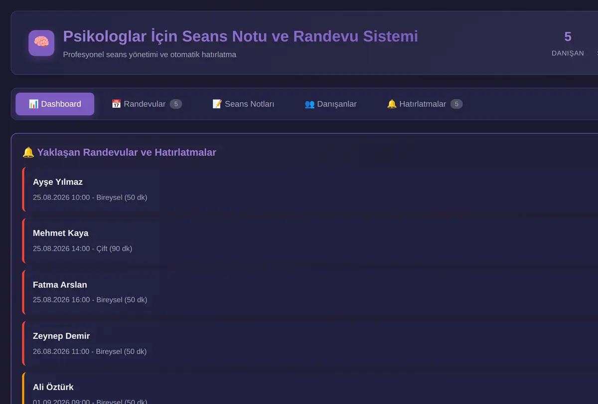 Psikologlar İçin Seans Notu ve Randevu Sistemi ekran görüntüsü