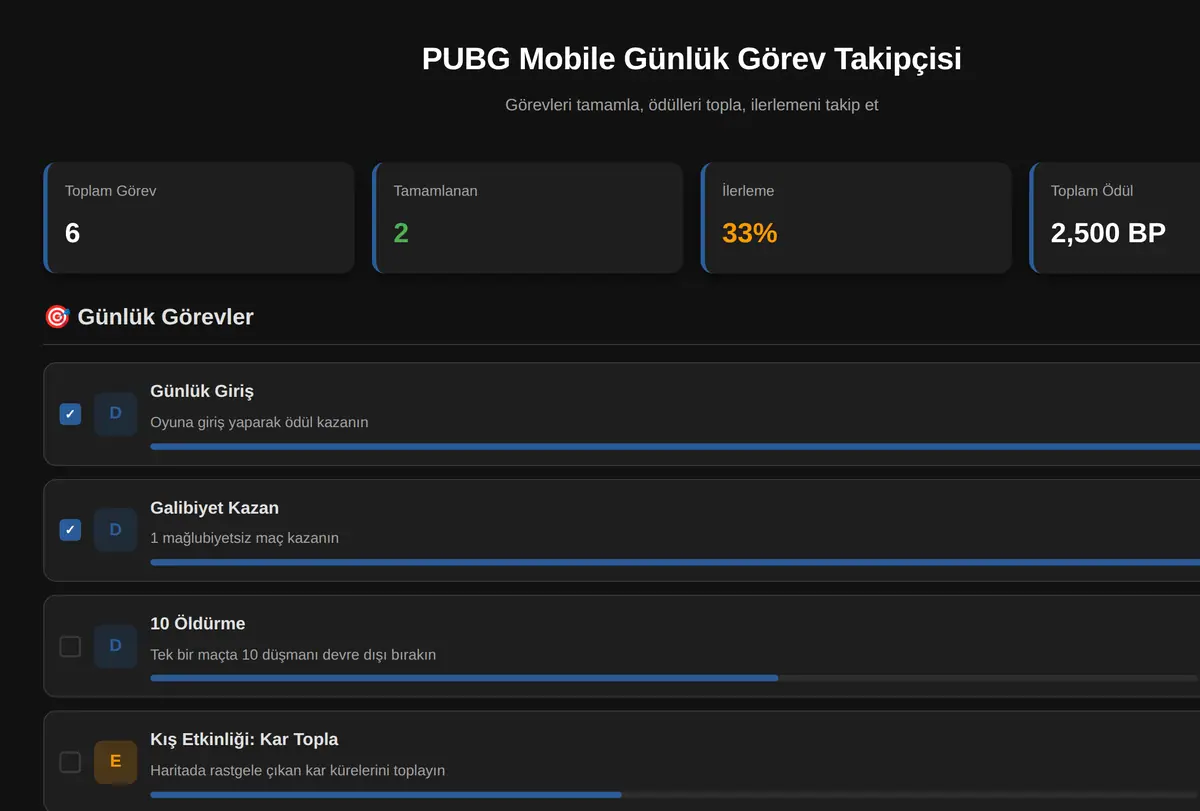 PUBG Mobile Günlük Görev Takipçisi ekran görüntüsü
