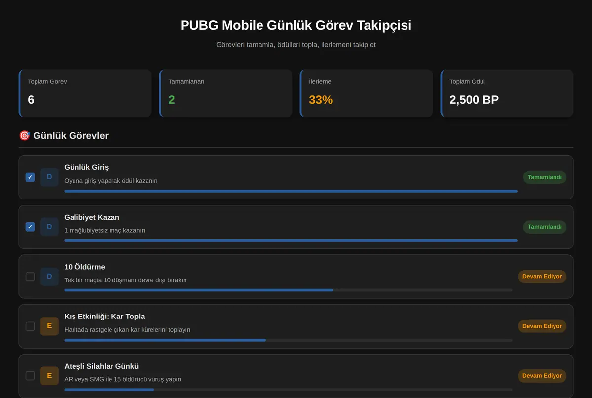 PUBG Mobile Günlük Görev Takipçisi ekran görüntüsü 2