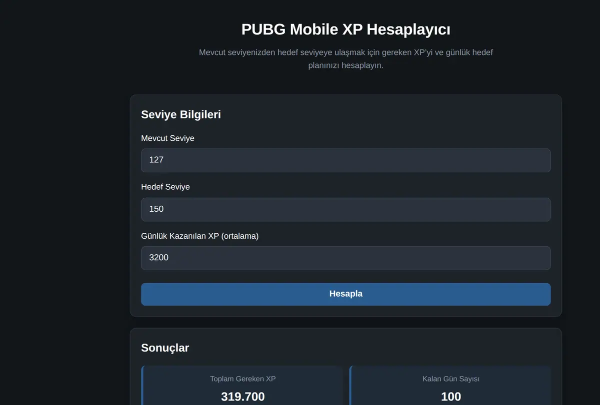 PUBG Mobile XP Hesaplayıcı ekran görüntüsü