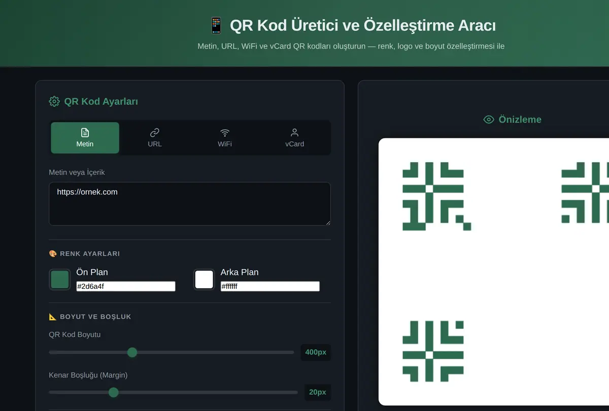 QR Kod Üretici ve Özelleştirme Aracı ekran görüntüsü