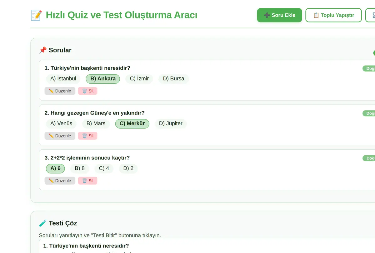 Hızlı Quiz ve Test Oluşturma Aracı ekran görüntüsü