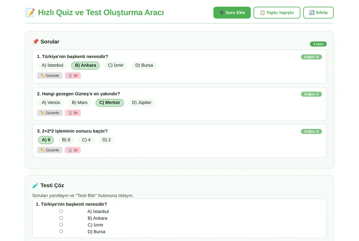 Hızlı Quiz ve Test Oluşturma Aracı ekran görüntüsü 2