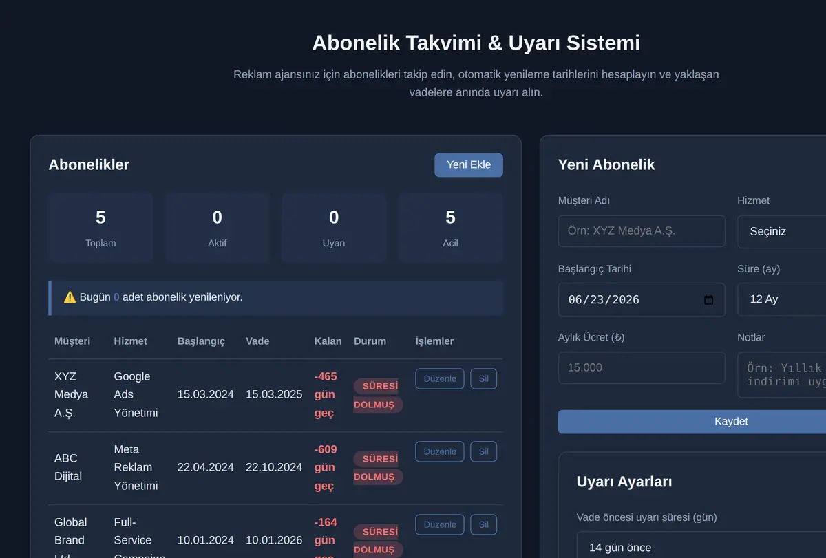 Abonelik Takvimi & Uyarı Sistemi ekran görüntüsü