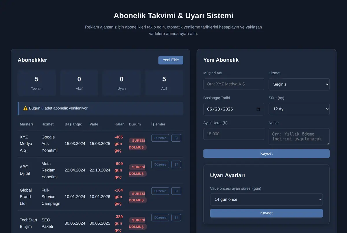 Abonelik Takvimi & Uyarı Sistemi ekran görüntüsü 2