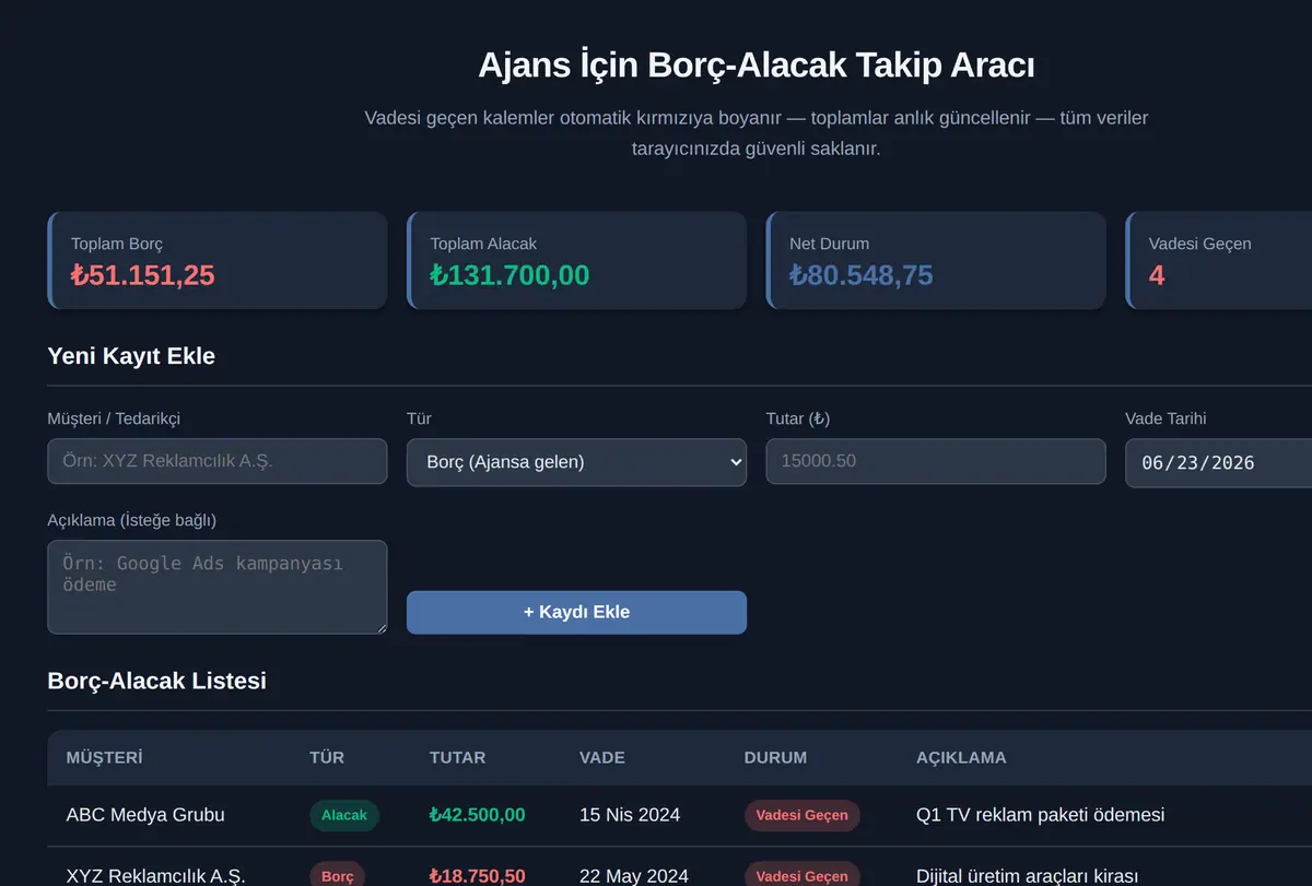 Ajans İçin Borç-Alacak Takip Aracı ekran görüntüsü