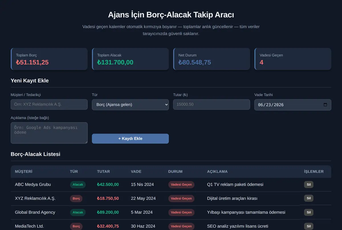 Ajans İçin Borç-Alacak Takip Aracı ekran görüntüsü 2