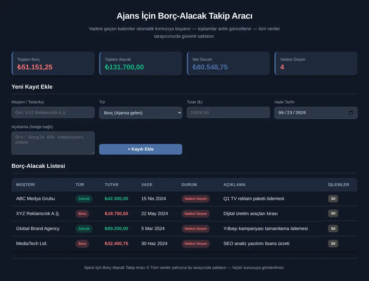 Ajans İçin Borç-Alacak Takip Aracı ekran görüntüsü 3