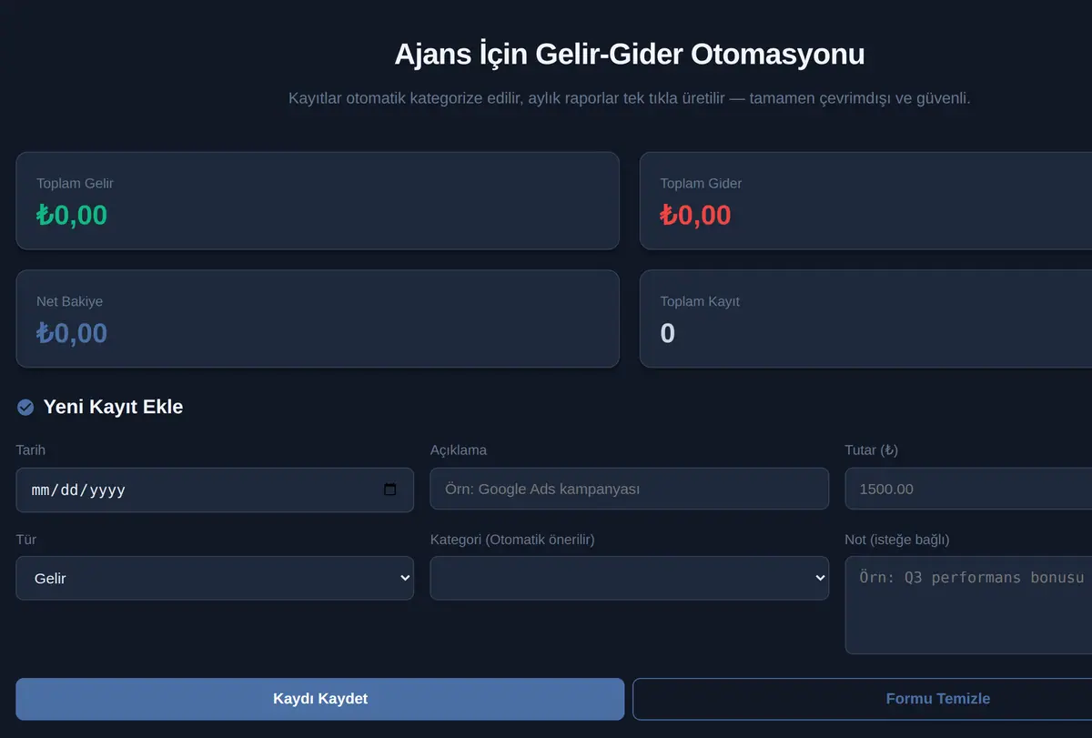 Ajans İçin Gelir-Gider Otomasyonu ekran görüntüsü