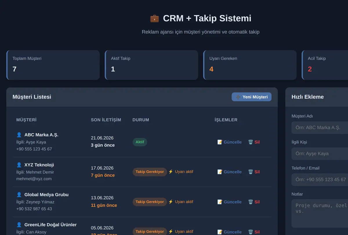 CRM + Takip Sistemi ekran görüntüsü