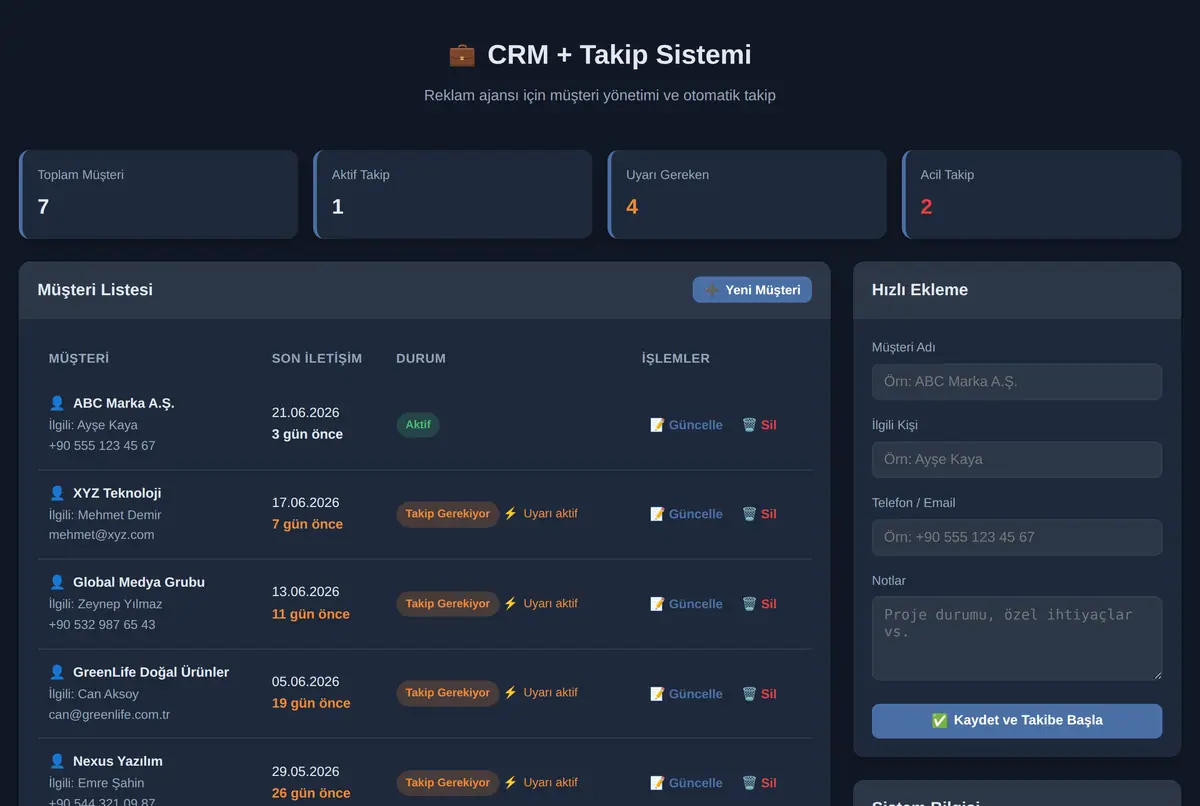 CRM + Takip Sistemi ekran görüntüsü 2
