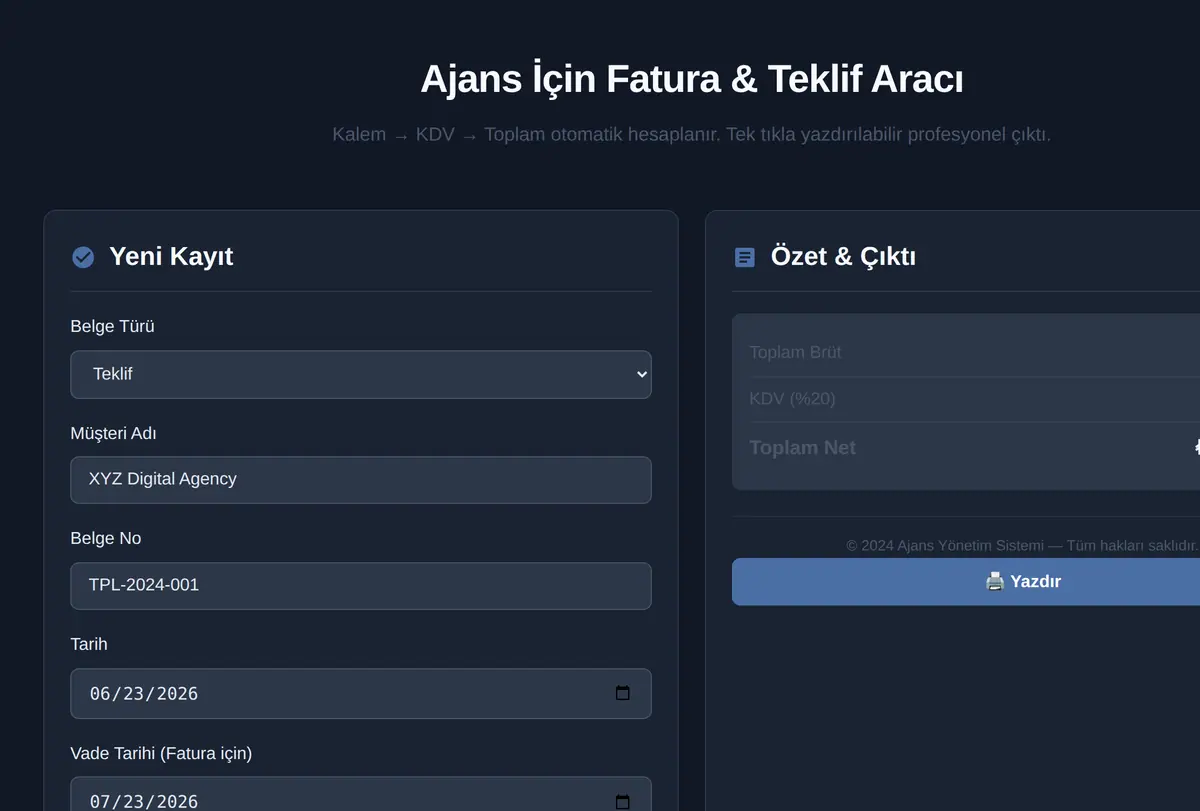 Ajans İçin Fatura & Teklif Aracı ekran görüntüsü