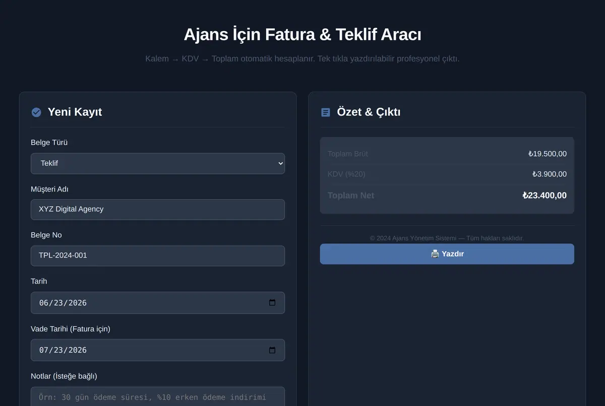 Ajans İçin Fatura & Teklif Aracı ekran görüntüsü 2