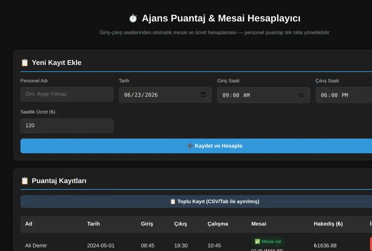 Ajans Puantaj & Mesai Hesaplayıcı ekran görüntüsü