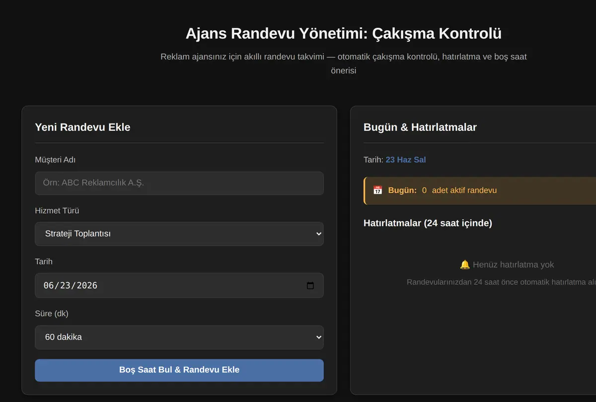 Ajans Randevu Yönetimi: Çakışma Kontrolü ekran görüntüsü