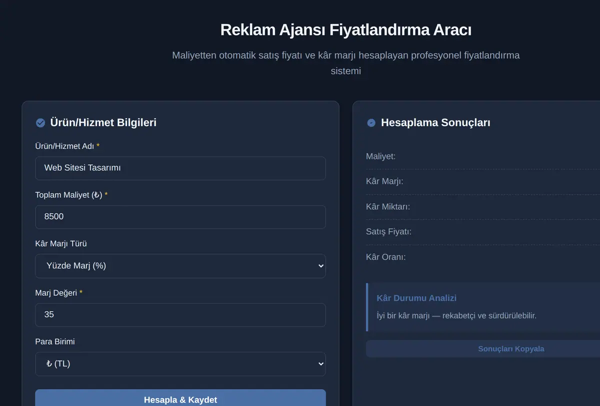 Reklam Ajansı Fiyatlandırma Aracı ekran görüntüsü