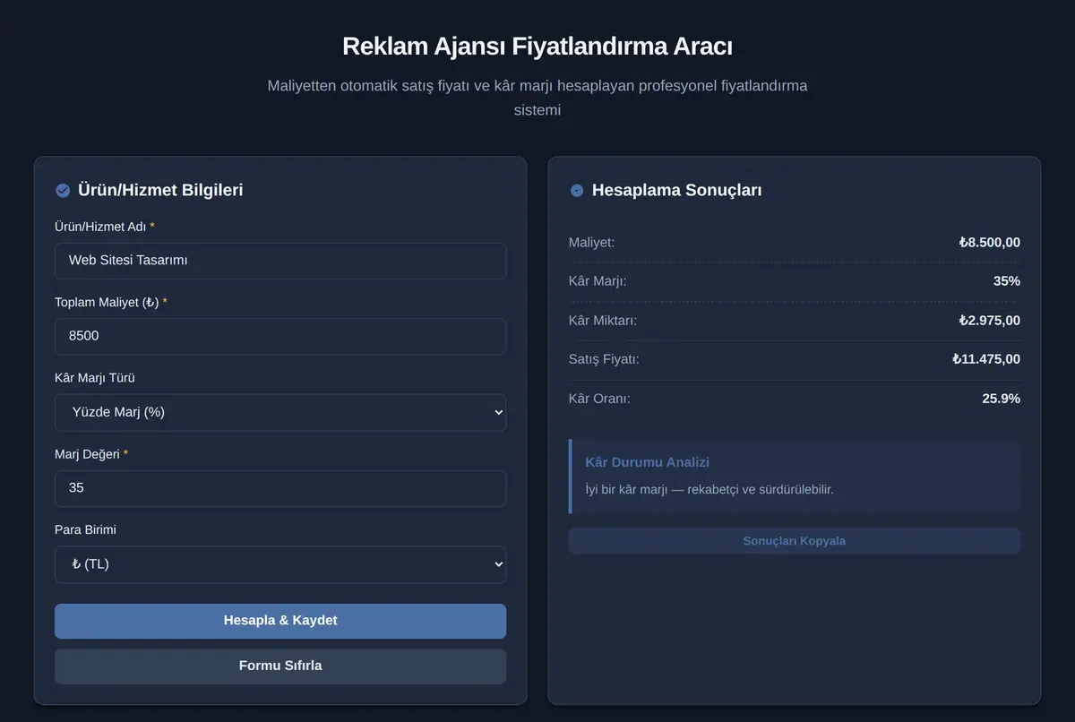 Reklam Ajansı Fiyatlandırma Aracı ekran görüntüsü 2