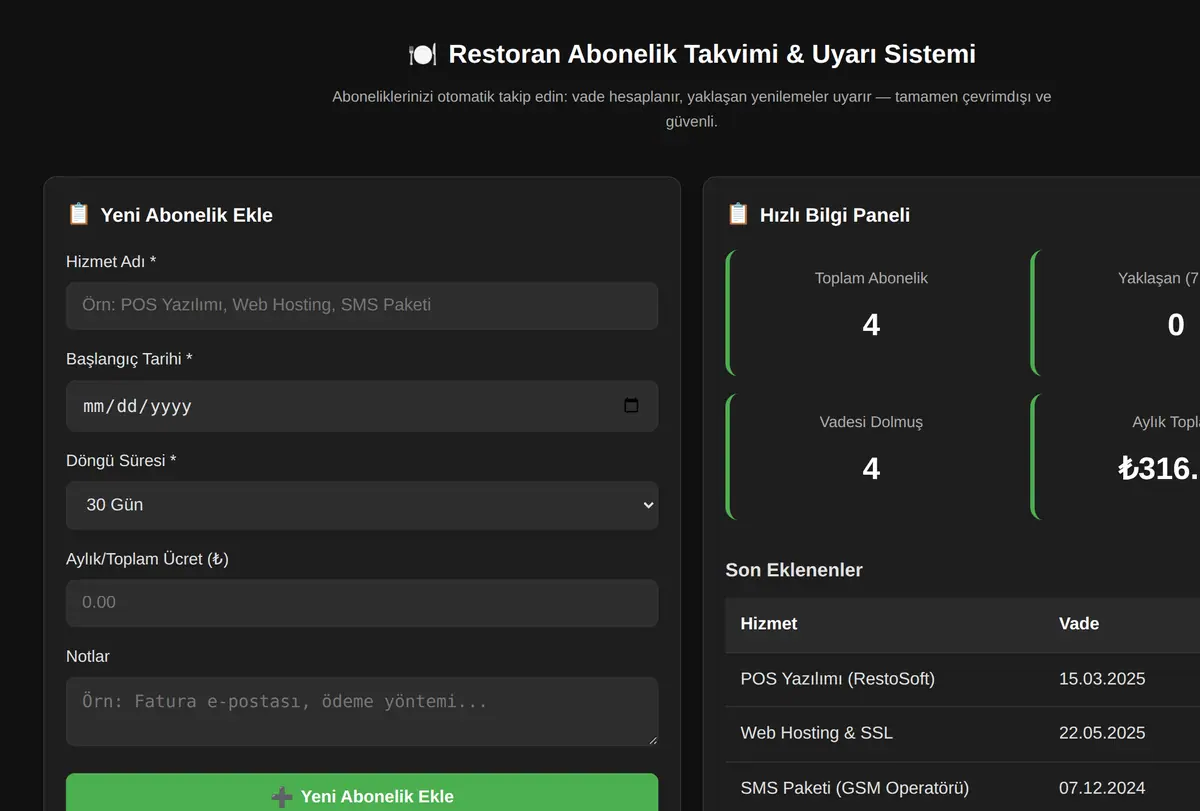 Restoran Abonelik Takvimi & Uyarı Sistemi ekran görüntüsü