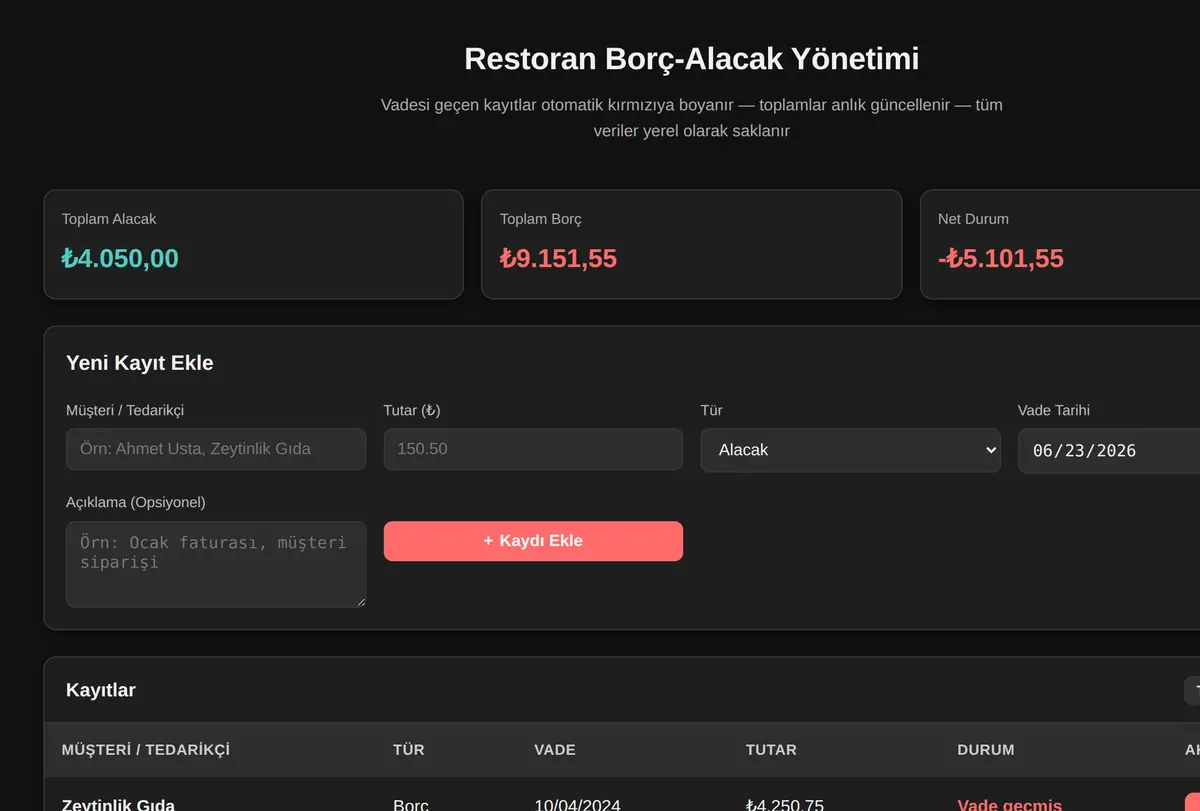 Restoran Borç-Alacak Yönetimi ekran görüntüsü