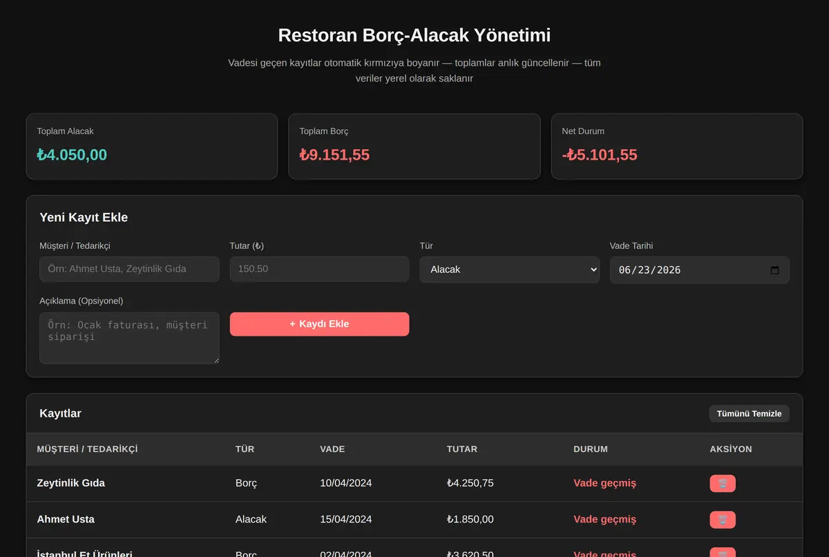 Restoran Borç-Alacak Yönetimi ekran görüntüsü 2