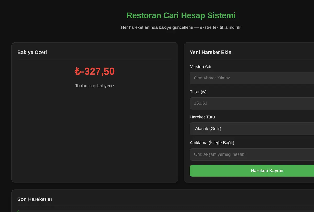 Restoran Cari Hesap Sistemi ekran görüntüsü