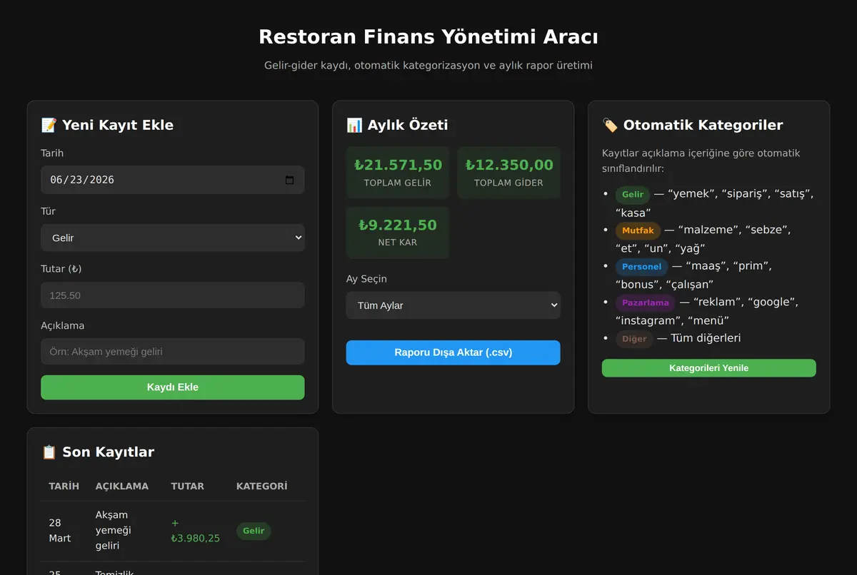 Restoran Finans Yönetimi Aracı ekran görüntüsü 2
