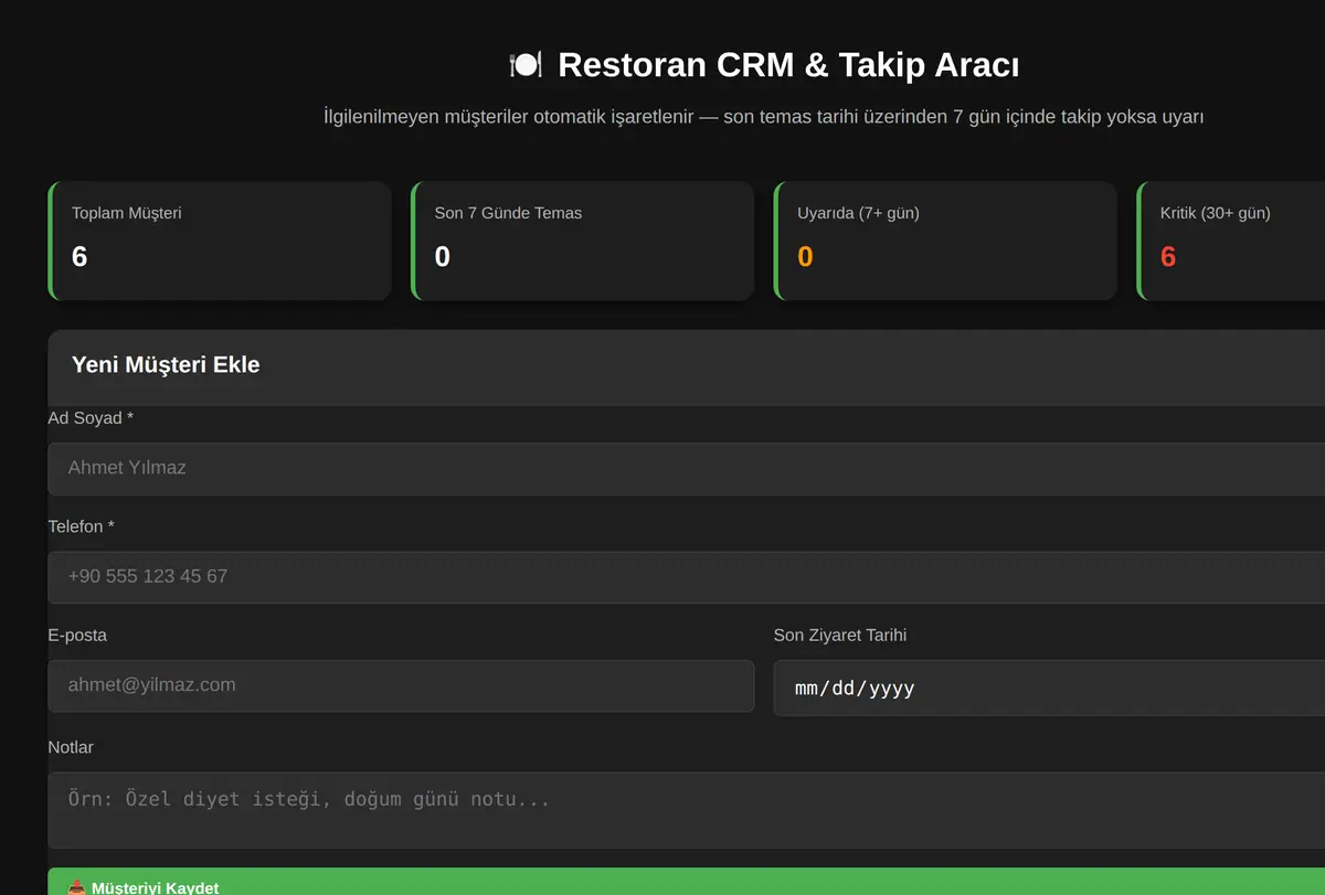 Restoran CRM & Takip Aracı ekran görüntüsü