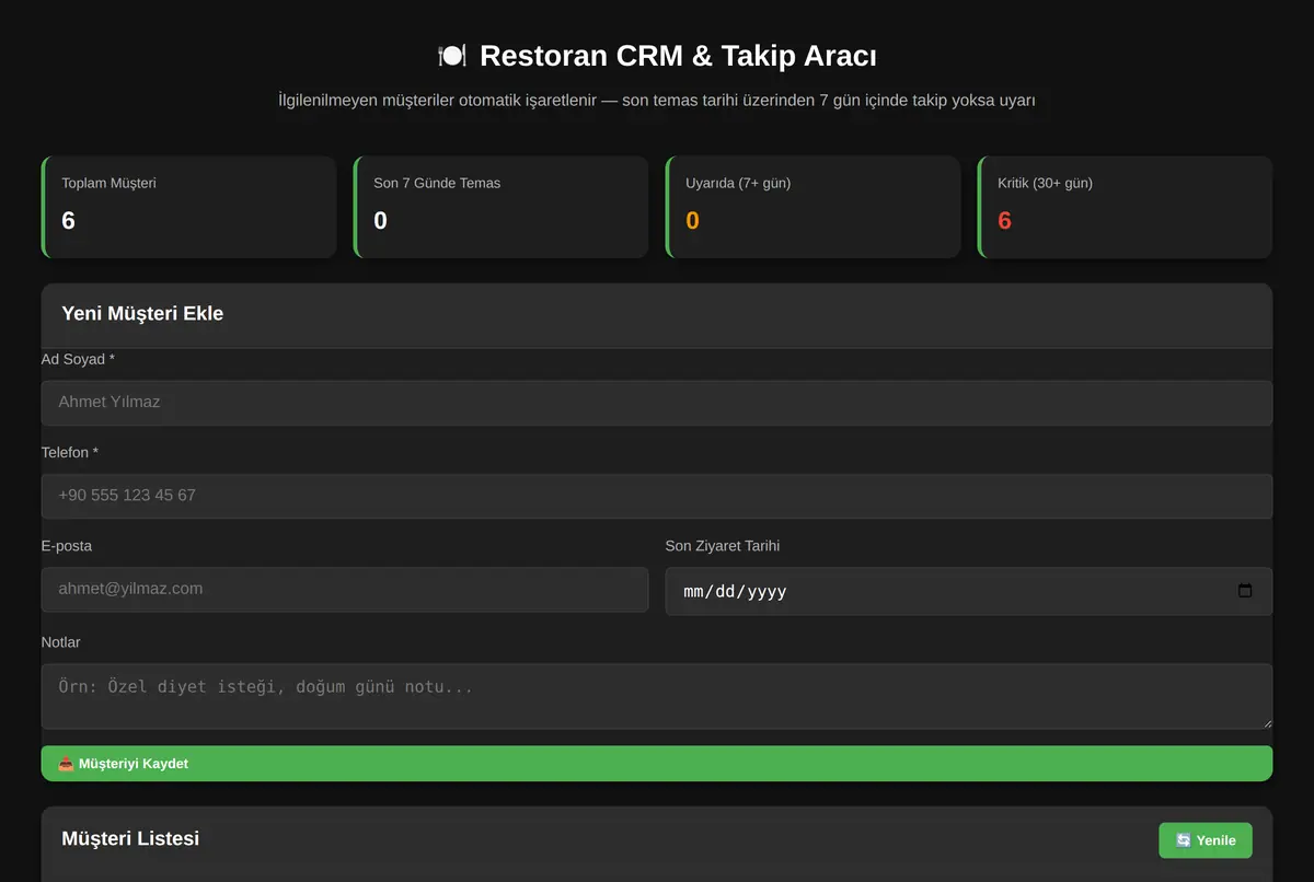 Restoran CRM & Takip Aracı ekran görüntüsü 2