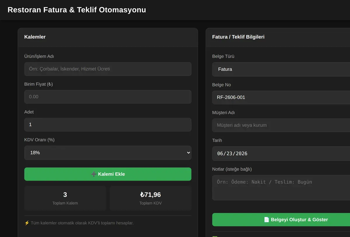 Restoran Fatura & Teklif Otomasyonu ekran görüntüsü