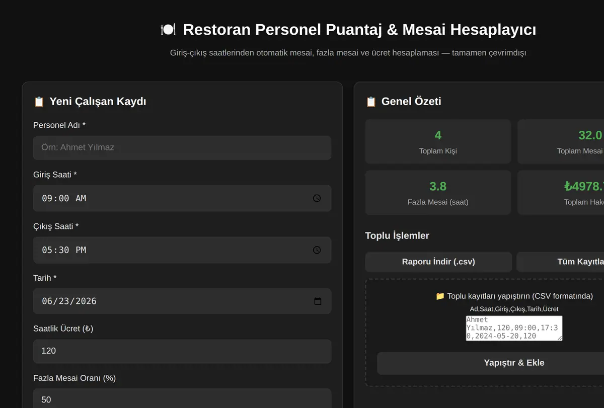Restoran Personel Puantaj & Mesai Hesaplayıcı ekran görüntüsü