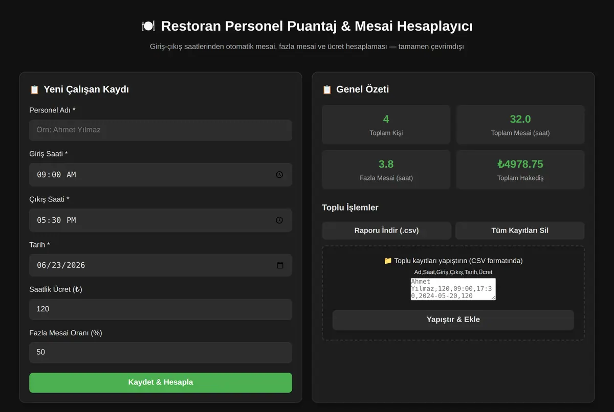Restoran Personel Puantaj & Mesai Hesaplayıcı ekran görüntüsü 2
