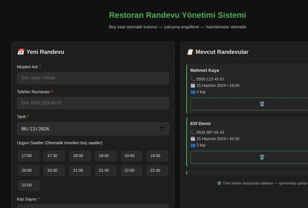Restoran Randevu Yönetimi Sistemi ekran görüntüsü