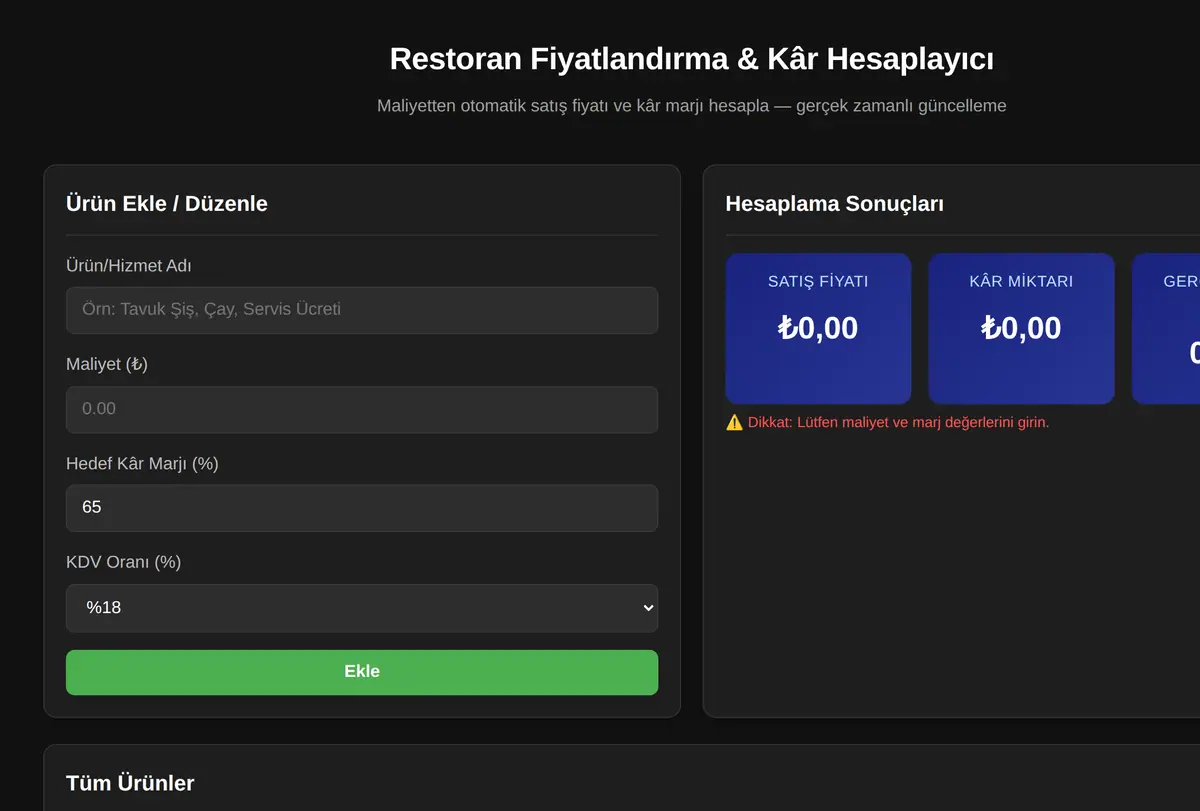 Restoran Fiyatlandırma & Kâr Hesaplayıcı ekran görüntüsü