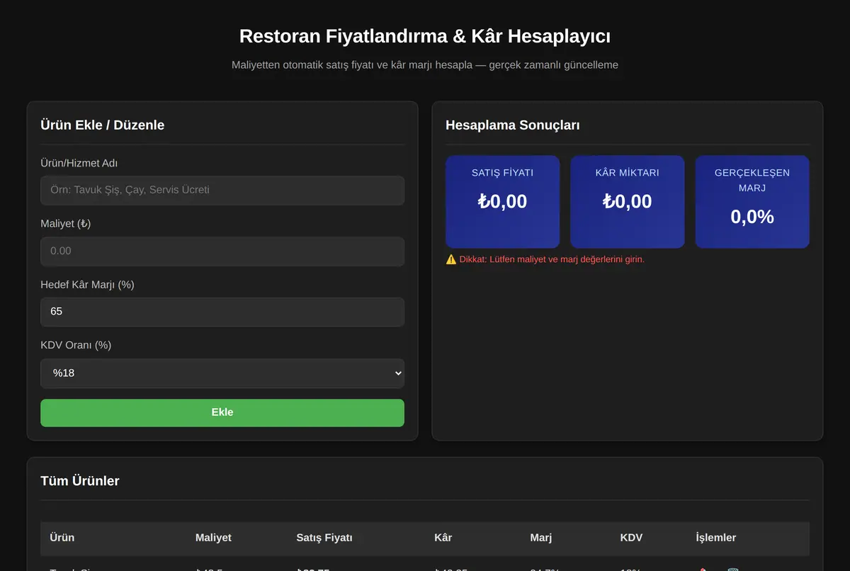 Restoran Fiyatlandırma & Kâr Hesaplayıcı ekran görüntüsü 2