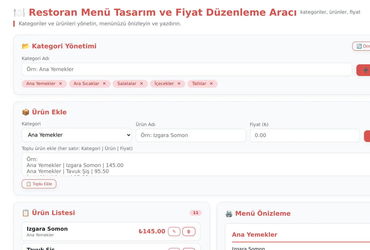 Restoran Menü Tasarım ve Fiyat Düzenleme Aracı ekran görüntüsü