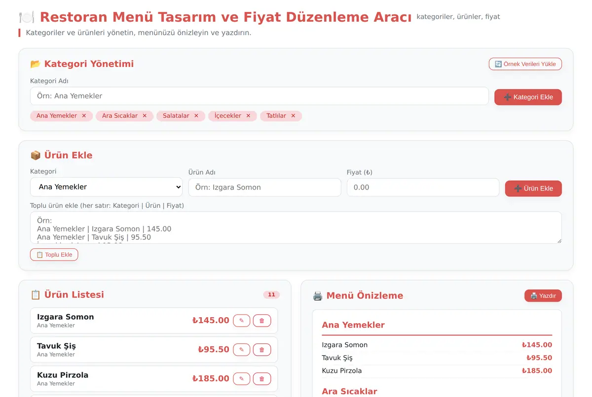 Restoran Menü Tasarım ve Fiyat Düzenleme Aracı ekran görüntüsü 2