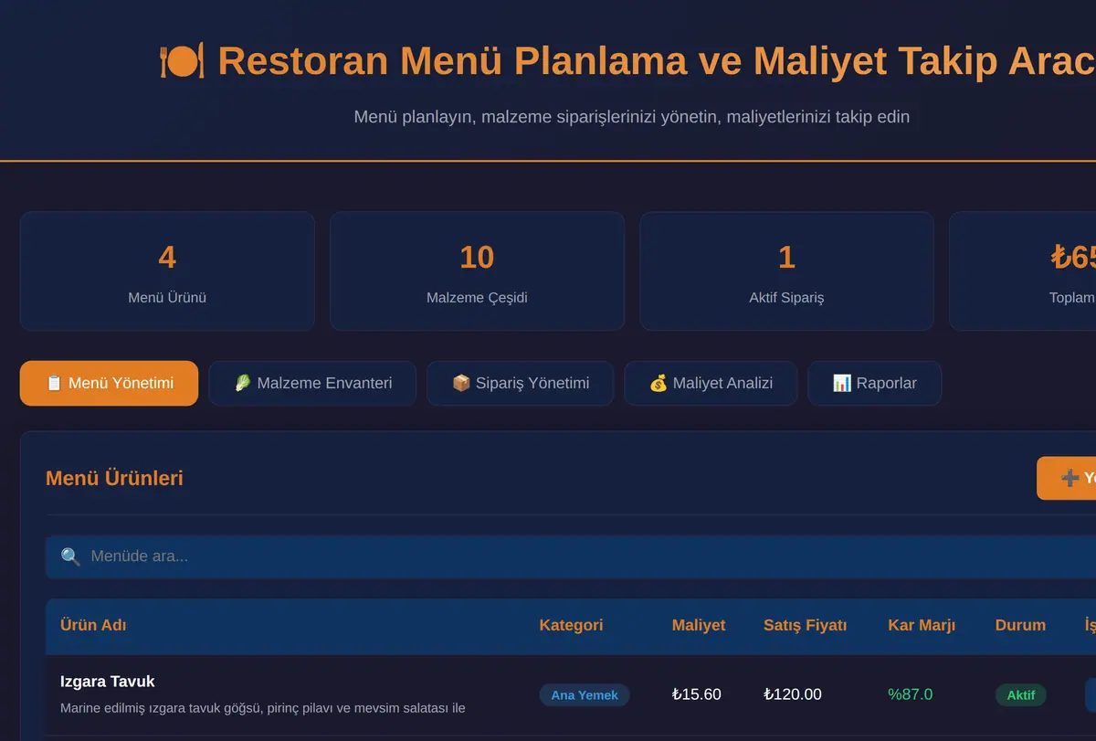 Restoran Menü Planlama ve Maliyet Takip Aracı ekran görüntüsü