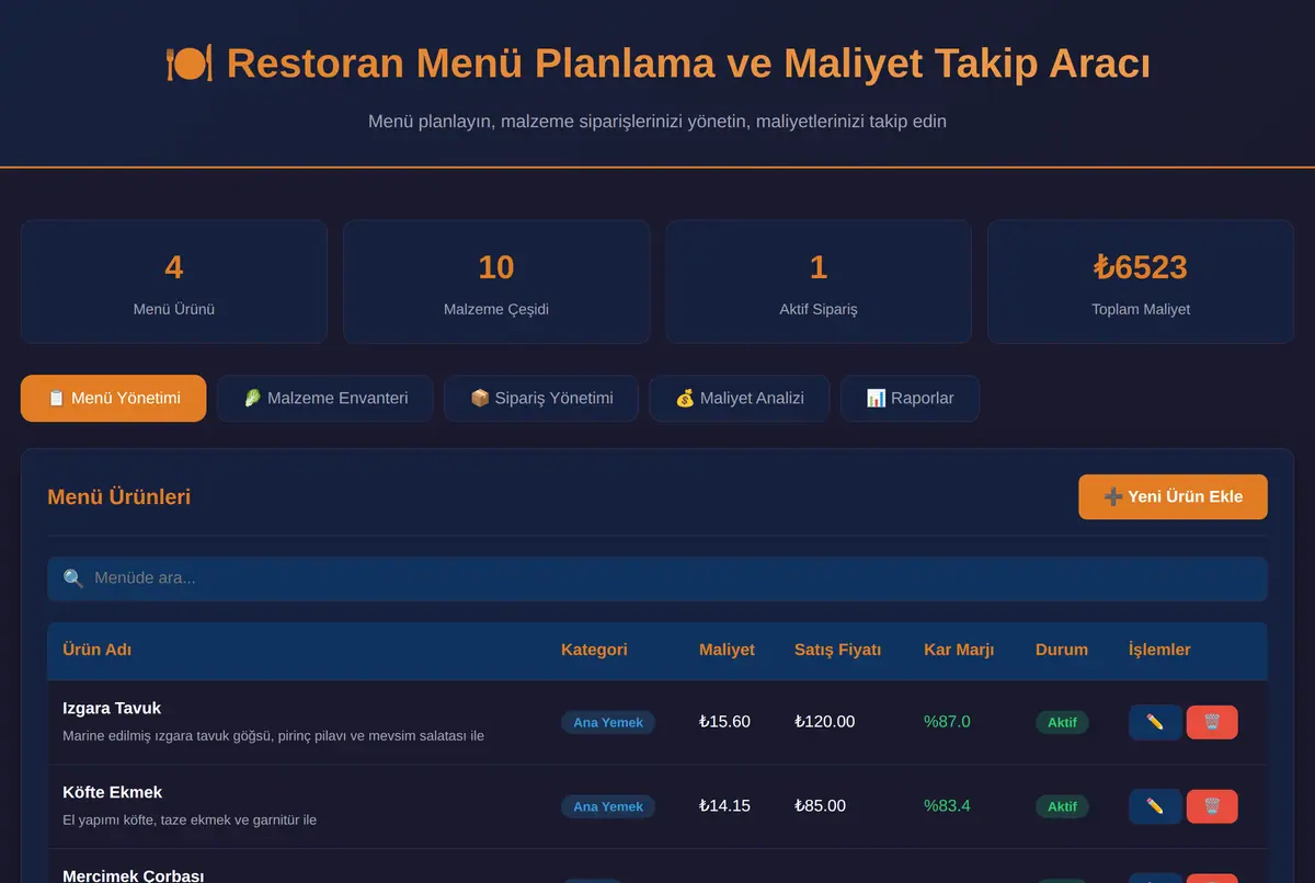 Restoran Menü Planlama ve Maliyet Takip Aracı ekran görüntüsü 2