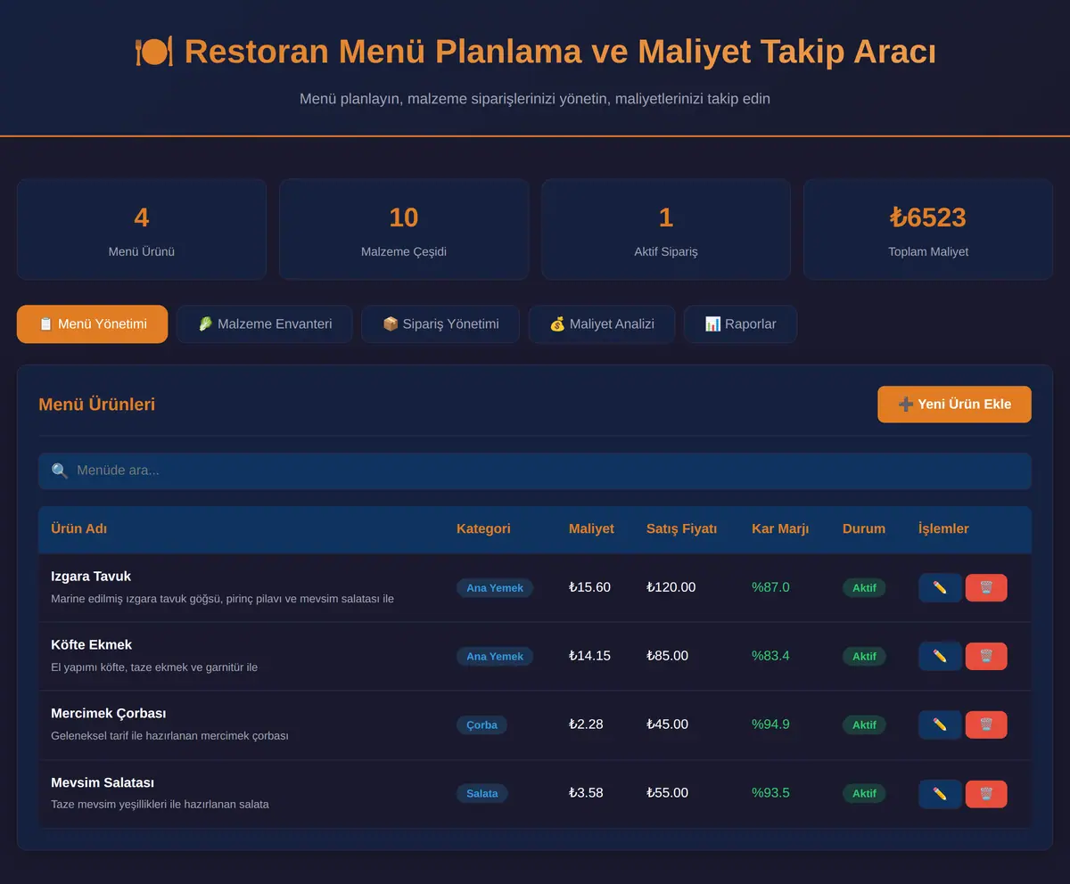 Restoran Menü Planlama ve Maliyet Takip Aracı ekran görüntüsü 3