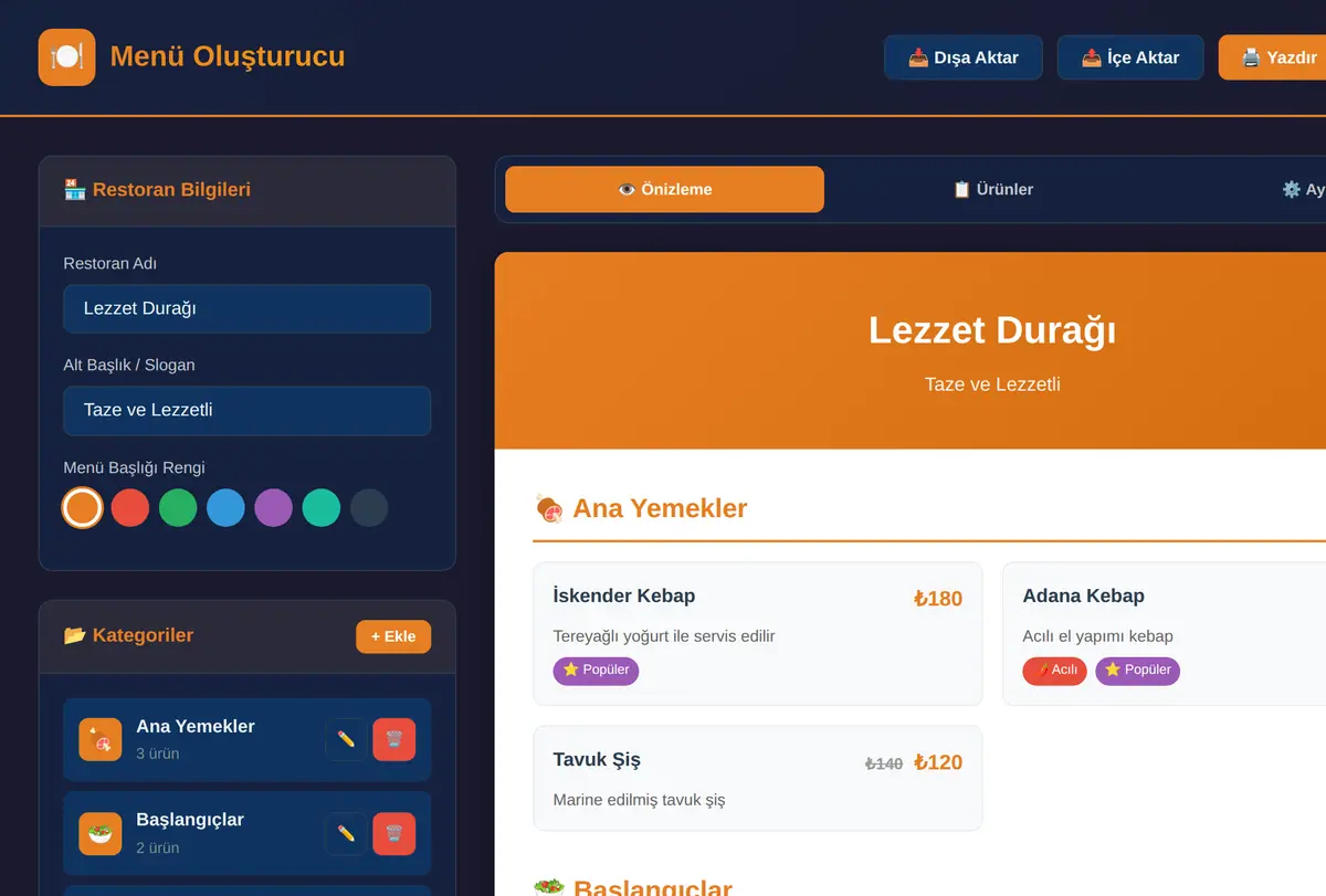 Restoran & Kafe Menü Oluşturucu ekran görüntüsü